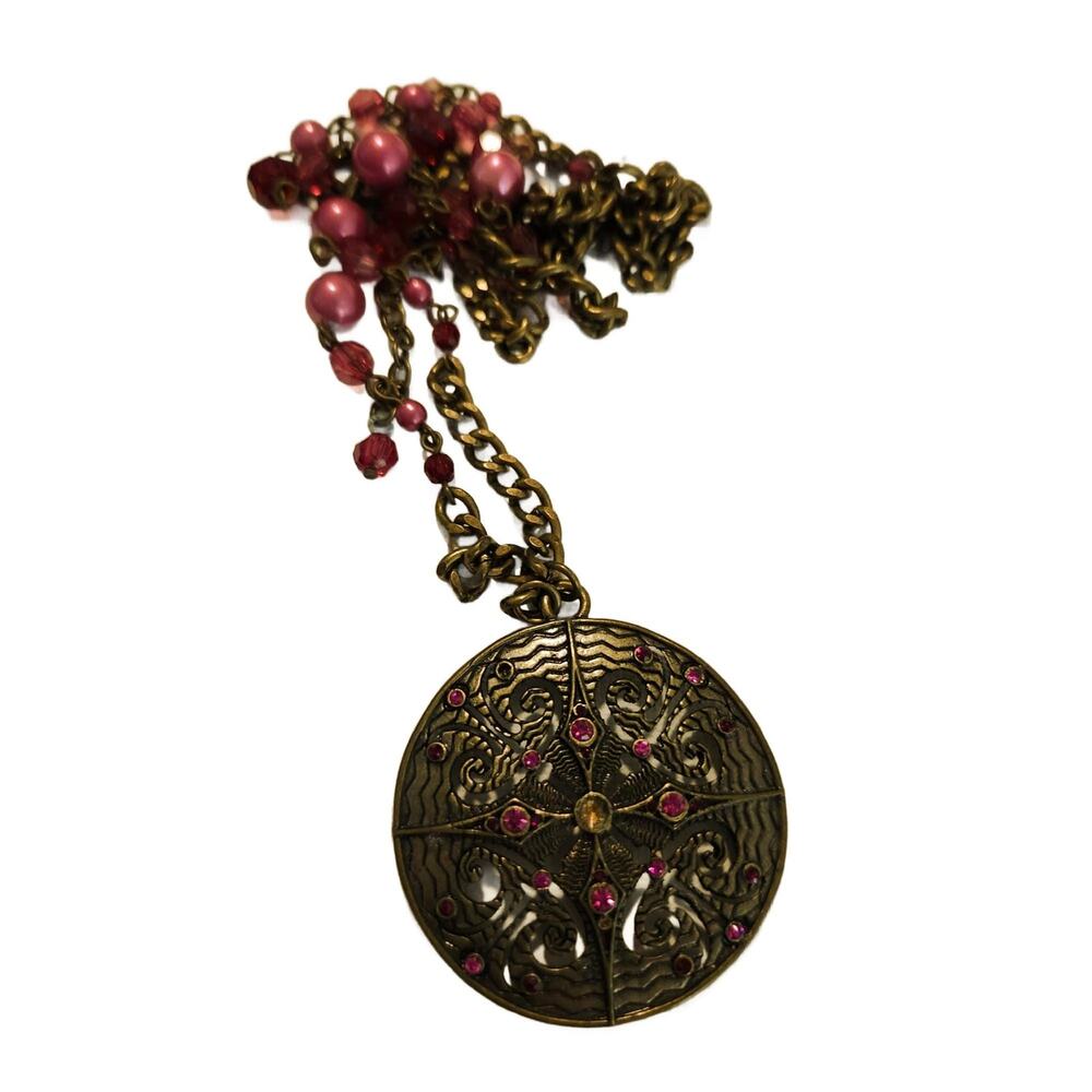 Vintage Antique Bronze Medallion Necklace with Pink Crystals